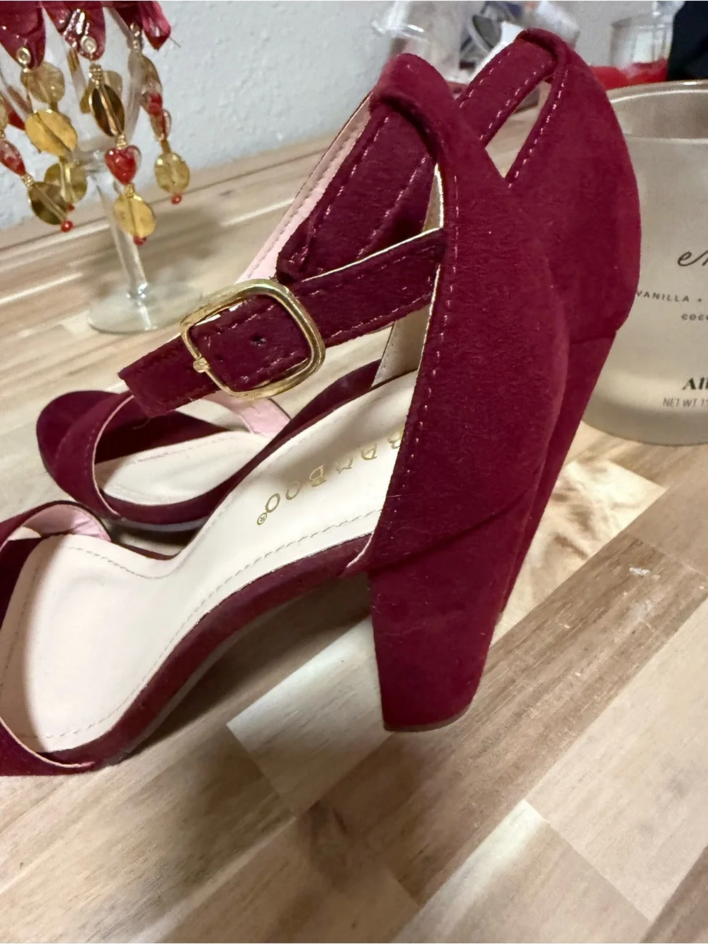 BAMBOO Burgundy Suede Block Heel Ankle Strap Sandal